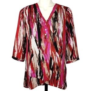 Brody Myles Women's Pink Red Abstract Brushstroke V-Neck Blouse Medium